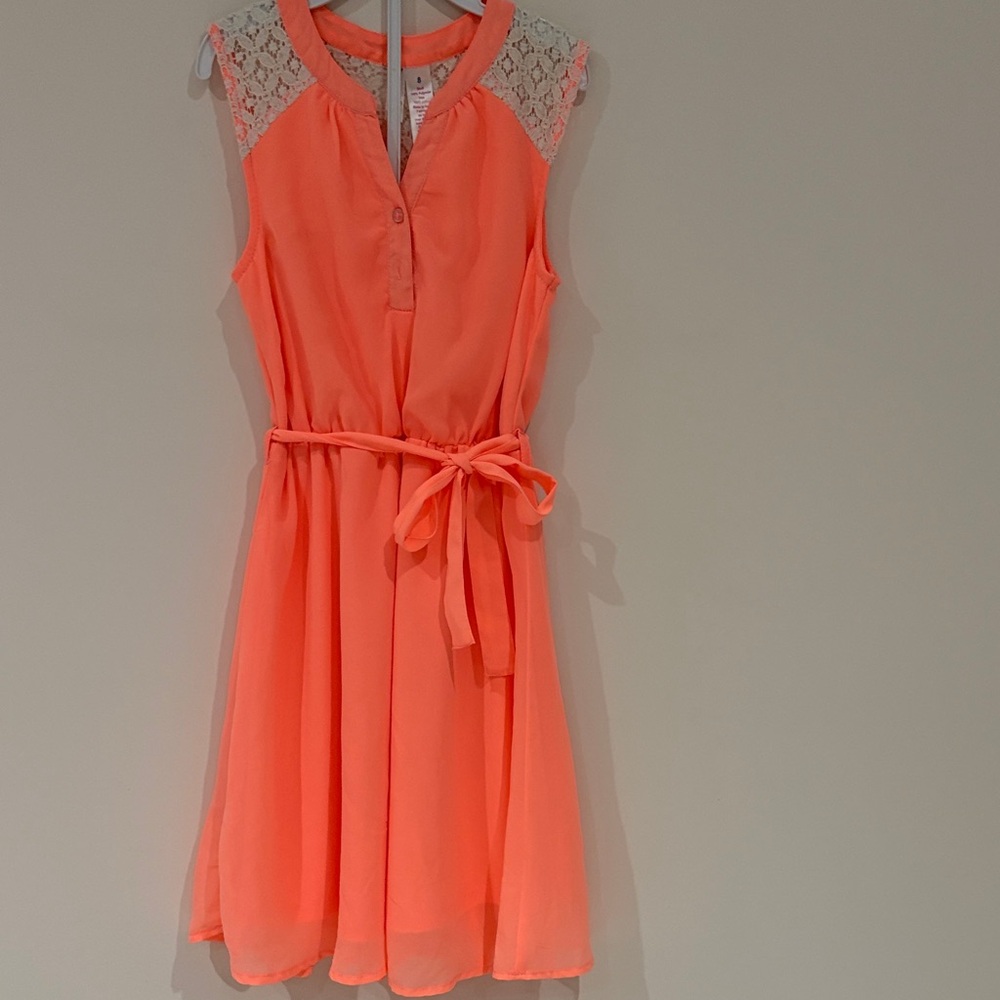 Japna Coral Lace-Shoulder Belted Dress